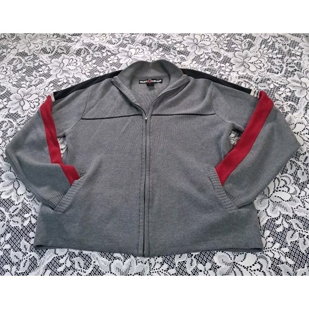 Bullhead Brand Men's Cardigan Size M Full Zip Gray Red Black Logo Pockets Preppy